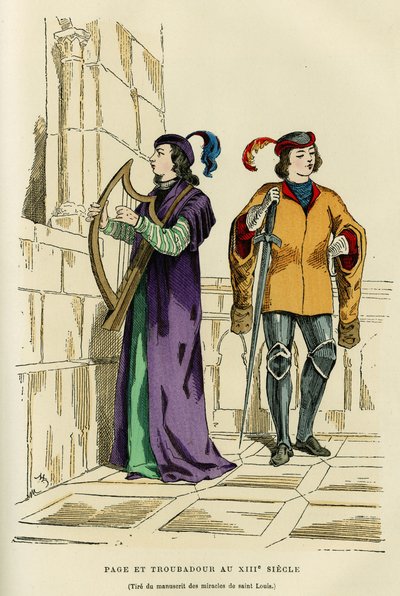 Costumi di paggi e trovatori nel XIII secolo. Incisione a colori dal disegno di un manoscritto dei miracoli di San Luigi (Luigi IX 1214-1270), in 
