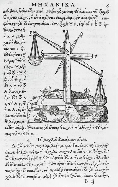 Pagina da Mhxanika, riproduzione di manoscritto greco di Aristotele (384-322 a.C.), pubblicato a Parigi da French School