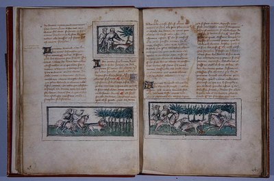 Pagine 57 e 58, da Le Livre du Roy Modus et de la Royne Racio, di Henri de Ferrieres, c.1420 da French School