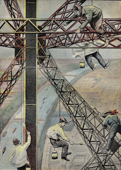 Pittori al lavoro, sospesi a 200 metri sopra Parigi, per dipingere la Torre Eiffel nel 1899. Incisione in 