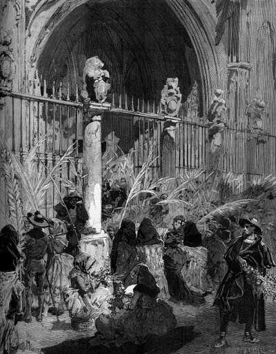 Domenica delle Palme in Spagna: vendita di palme benedette davanti alla cattedrale di Toledo. Incisione di Virgo in 