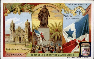 Panama: la cattedrale, la statua di Colombo, la bandiera - cromolitografia da French School