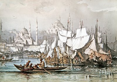 Panorama delle navi nel porto di Costantinopoli con la Moschea Blu e Hagia Sophia da French School