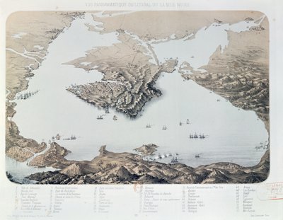 Veduta panoramica e pianta di Sebastopoli e della costa del Mar Nero al tempo della guerra di Crimea, 1855 da French School