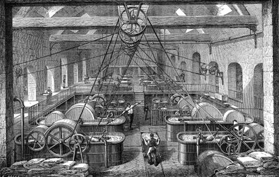 Industria della carta: laboratorio per la raffinazione e lo sbiancamento della pasta di carta. Incisione 1867 da French School