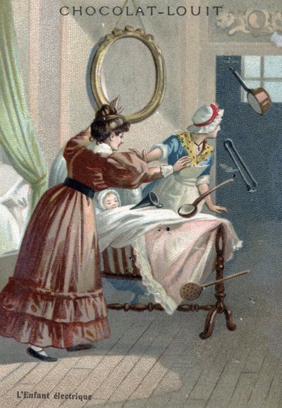 Attività paranormale: un neonato che muove oggetti per levitazione (cromolitografia) da French School