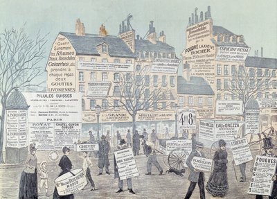 Scena di strada parigina con molte pubblicità, principalmente per medicinali, 1885 da French School