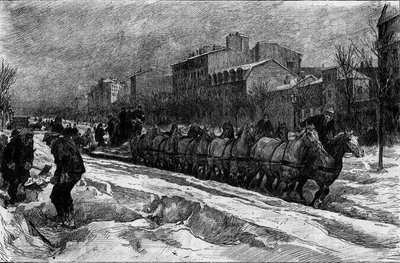 Parigi sotto la neve, inverno 1879-1880: lo spazzaneve del Boulevard Montparnasse. Incisione in 