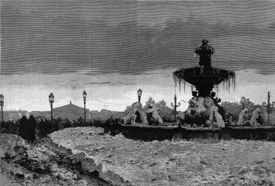 Parigi sotto la neve, inverno 1879-1880: vista di una delle fontane di Place de la Concorde durante il gelo. Incisione di Scott in “The Illustrous World” n°1188 del 3 gennaio da French School