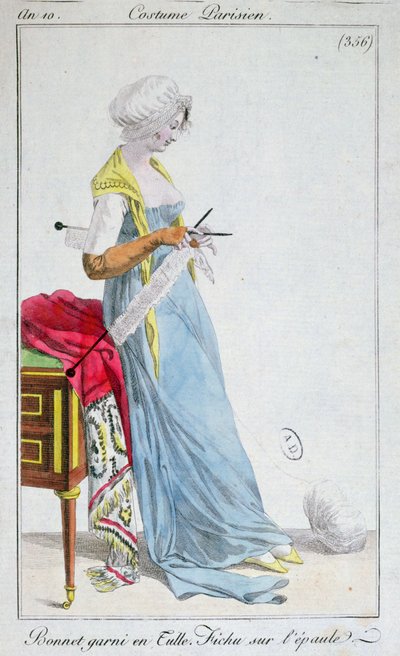 Costume parigino: cappello ornato di tulle, scialle sulle spalle, 1802 da French School