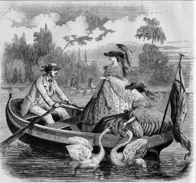 Mode parigine, estate 1857: gita in barca su un lago. Incisione in 