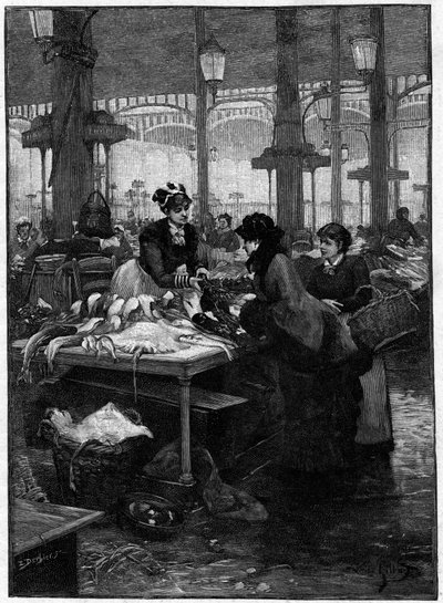 Scena parigina nel XIX secolo: un pescivendolo e un cliente alle Halles centrali. Incisione di Derbier dal dipinto di Gilbert. Fine del XIX secolo. In 