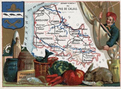 Pas de Calais (62), Nord Pas de Calais, Francia. Specialità locali: sapone nero, pesce sporco, sidro e tabacco. Serie sui Dipartimenti Francesi. Cromolitografia 