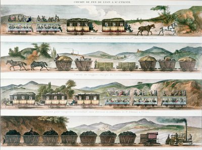 Passeggeri e merci sulla prima linea francese aperta tra Lione e St. Etienne, 1829 (litografia a colori) da French School