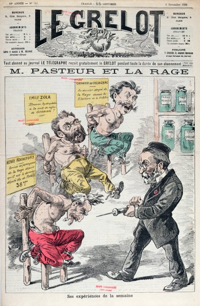 Pasteur e la rabbia, caricatura degli esperimenti di Louis Pasteur (1822-95) da Le Grelot, 8 novembre 1885 da French School