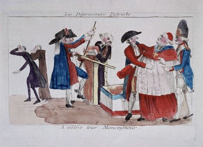 Patriote scans: commissari che passano il clero in una pressa per farli dimagrire, fine XVIII secolo da French School