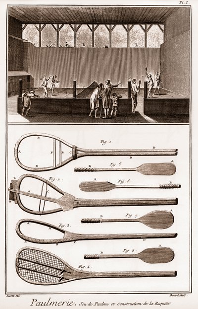 Paulmerie - Gioco della palma e costruzione della racchetta - Gioco di Paume e vari stadi nella costruzione delle racchette (paddle-bats o battoirs) - "La Grande Encyclopedie, ou Dictionnaire Raisonne des Sciences, des Arts et des Metiers" di Denis Diderot da French School