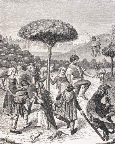 Danza dei Contadini delle Feste di Maggio, da una miniatura in un libro di preghiere del XV secolo, da 