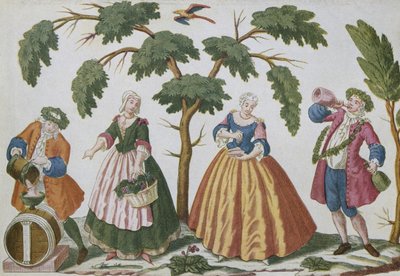 Contadini e borghesi che trattano il vino (incisione a colori) da French School
