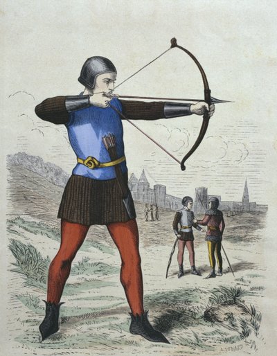 Arciere pedonale nel XIII secolo, illustrazione da Costumes de Paris à travers les siècles di H. Gourdon de Genouillac, inciso da A. Renard (XIX secolo) (incisione a colori) da French School