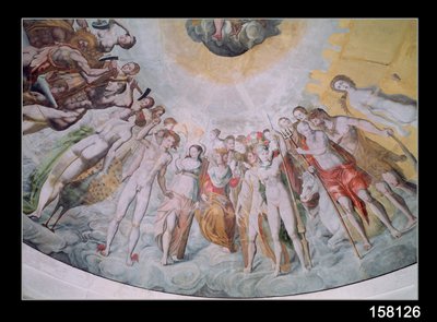 Persone della corte dei Medici, con Carlo IX come Giano al centro, alla sua destra i cattolici che forgiano armi per la guerra, alla sua sinistra i protestanti, anche Caterina de