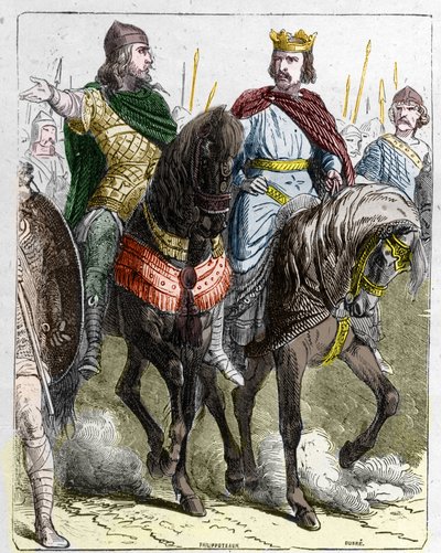 Pipino II di Herstal, detto Pipino il Grosso o Pipino il Giovane con Clodoveo III, re dei Franchi dal 691 al 695 da French School