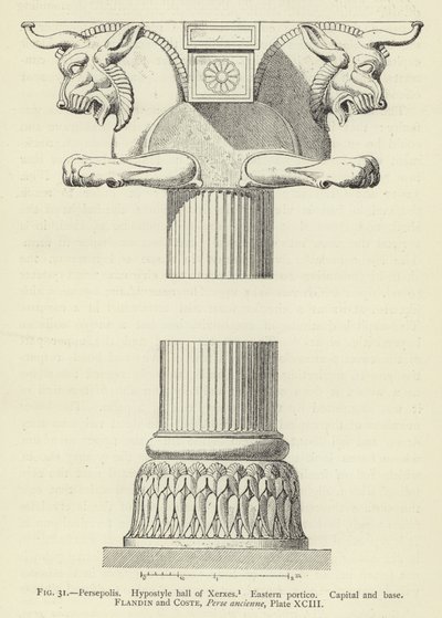 Persepoli, Sala ipostila di Serse, Portico orientale, Capitello e base da French School