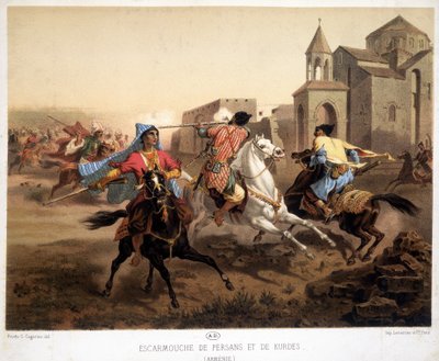 Scaramuccia tra persiani e curdi in Armenia - litografia da French School