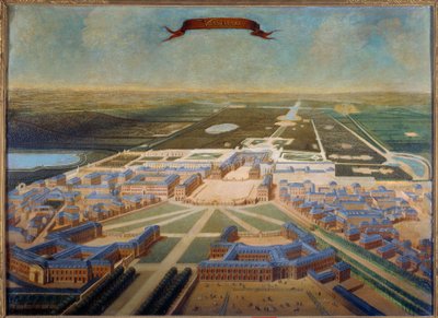 Vista prospettica delle scuderie del castello e dei giardini di Versailles alla fine del regno di Luigi XIV, intorno al 1710-1715 da French School