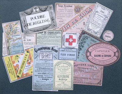 Etichette farmaceutiche, fine XIX e inizio XX secolo da French School