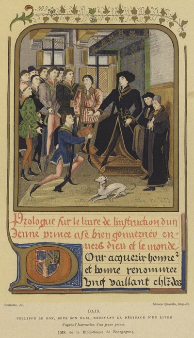 Filippo il Buono, Duca di Borgogna, seduto su un palco che riceve un libro, XV secolo da French School