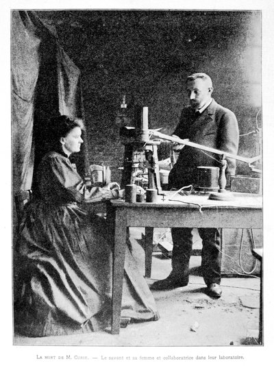 Pierre (1859-1906) e Marie (1867-1934) Curie nel loro laboratorio da French School