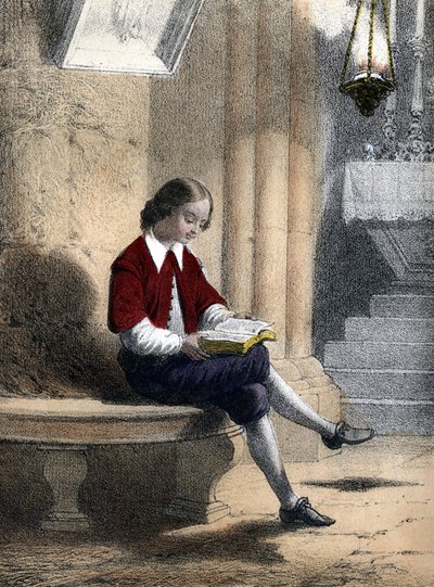 Pierre Gassendi (1592 - 1655): seduto sotto la lampada sospesa dalla volta (della chiesa), iniziò a leggere - in "Les enfants illustres - tales historiques" di Madame Eugenie Foa da French School