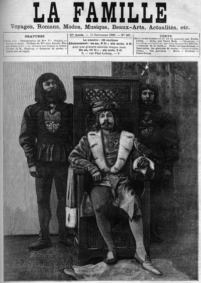 Pierre Loti in costume di Luigi XI riceve i suoi ospiti nel suo castello durante una festa in un decoro del periodo di Luigi XI. Copertina di "La Famiglia" del 1888. da French School