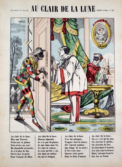 Pierrot, Arlecchino e il vicino, illustrazione della canzone "Au clair de la lune", immagine di Epinal da French School