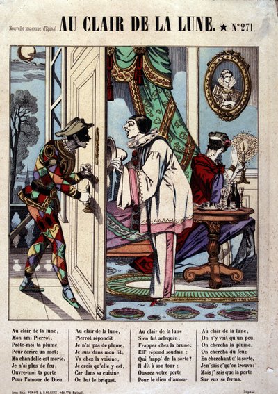 Pierrot, Arlecchino e il vicino, illustrazione della canzone "Au clair de la lune", immagine di Epinal da French School