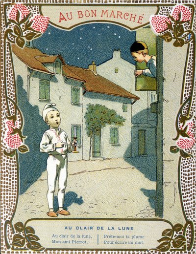 Pierrot con la candela, "Au clair de la lune" - etichetta di "Le Bon Marché" da French School