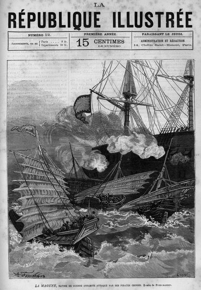 Pirati: la nave da guerra annamita "La Magune" attaccata da pirati cinesi. Un giornale. Incisione del 1880 in "La republique illustree" collezione privata. da French School