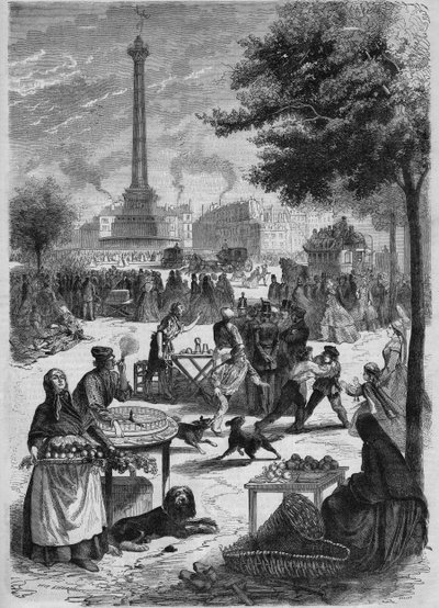 Place de la Bastille in una domenica di settembre. Incisione da un disegno di Pignard del 1865 da French School