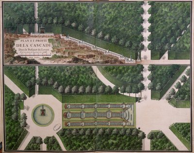 Piano e sezione trasversale della cascata nel boschetto del Levante, dai Giardini di Marly, inizio XVIII secolo da French School
