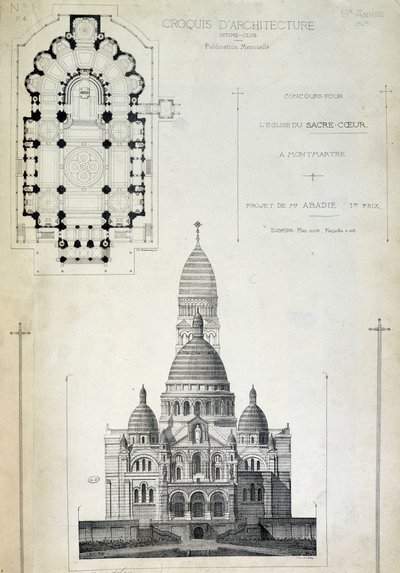 Piano e elevazione del Sacro Cuore, progetto di Mr. Abadie, fine XIX secolo da French School