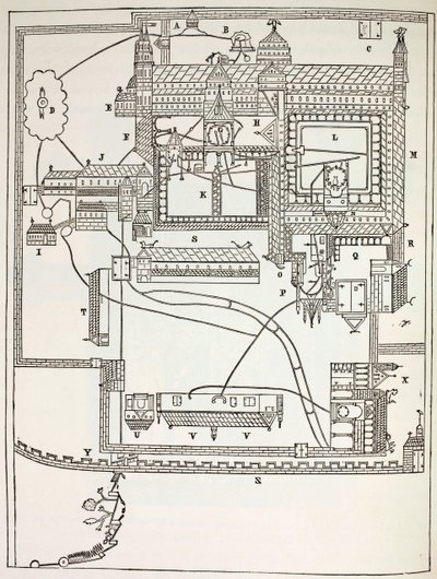 Piano del monastero benedettino di Canterbury nel XII secolo, da Vita militare e religiosa nel Medioevo di Paul Lacroix, pubblicato a Londra c.1880 da French School