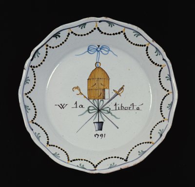 Piatto con una gabbia per uccelli aperta e la leggenda Vive la Liberté, 1791 da French School