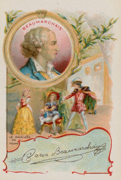 Il drammaturgo Pierre-Augustin Caron de Beaumarchais con una scena del Matrimonio di Figaro da French School
