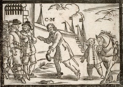Pamphlet politico Mazarinade: Mazarin libera i principi a Le Havre, incisione su legno da French School