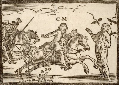 Pamphlet politico Mazarinade: Mazarin nella sua fuga lascia cadere gli scudi: l