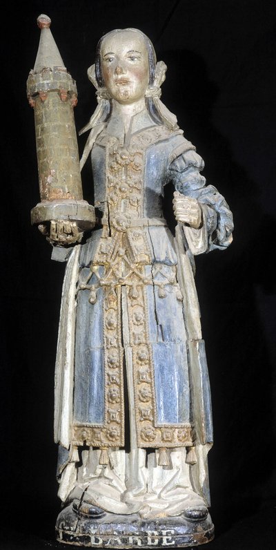 Scultura in legno policromo rappresentante Santa Barbara (fine XVI secolo), conservata al Museo di Dinan. da French School