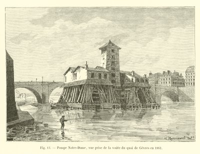 Pompa Notre-Dame, vista dalla volta del quai de Gevres nel 1861 da French School