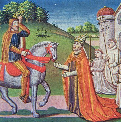 Papa Adriano I incontra Carlo Magno, miniatura dalle 