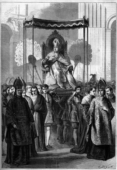 Papa Pio IX (1792-1878) portato processionalmente alla Chiesa di San Pietro a Roma (Italia) la Domenica delle Palme del 1861. Incisione in 